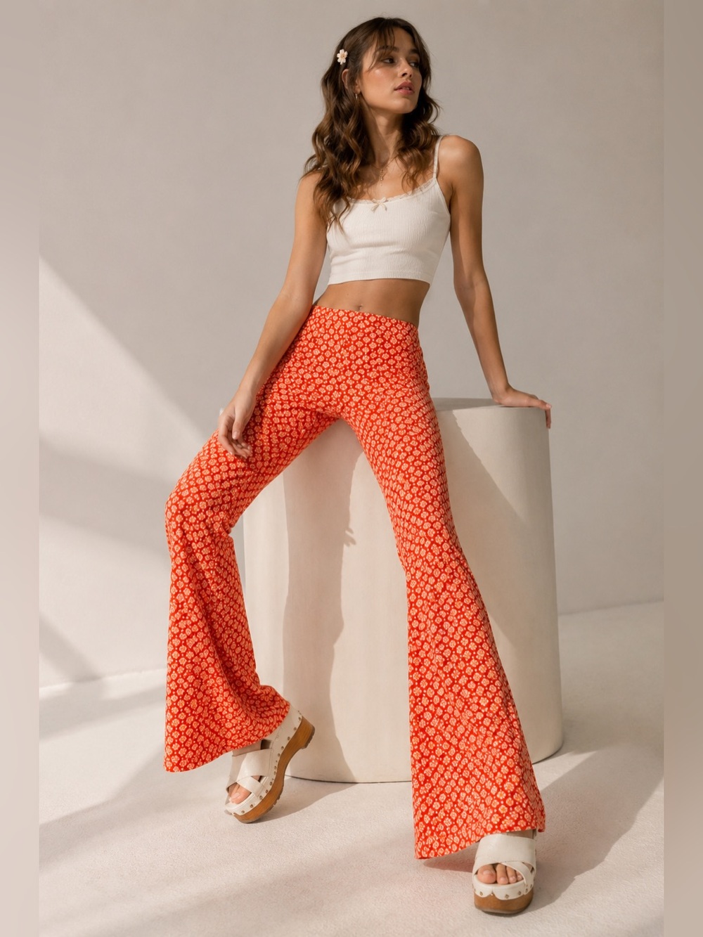Wild Fable Orange Retro Floral Flare Elastic Waist Stretch Pants Size M NWOT